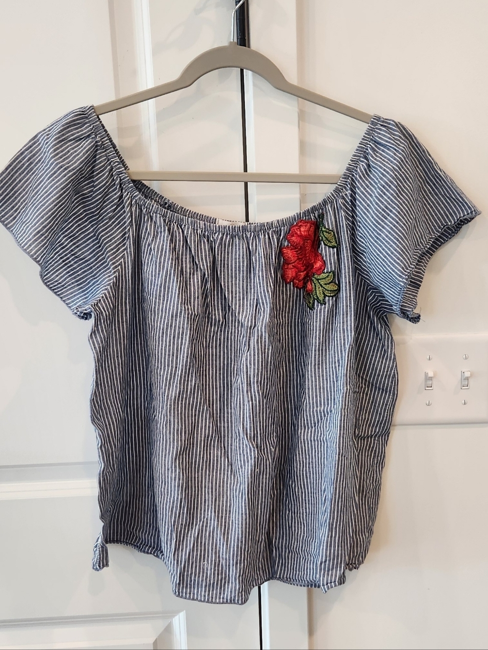 C Striped Off-Shoulder Top with Red Floral Patch